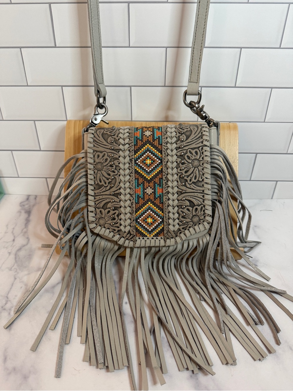 Montana West Gray Tooled Floral Beaded Fringe Crossbody Bag NWOT